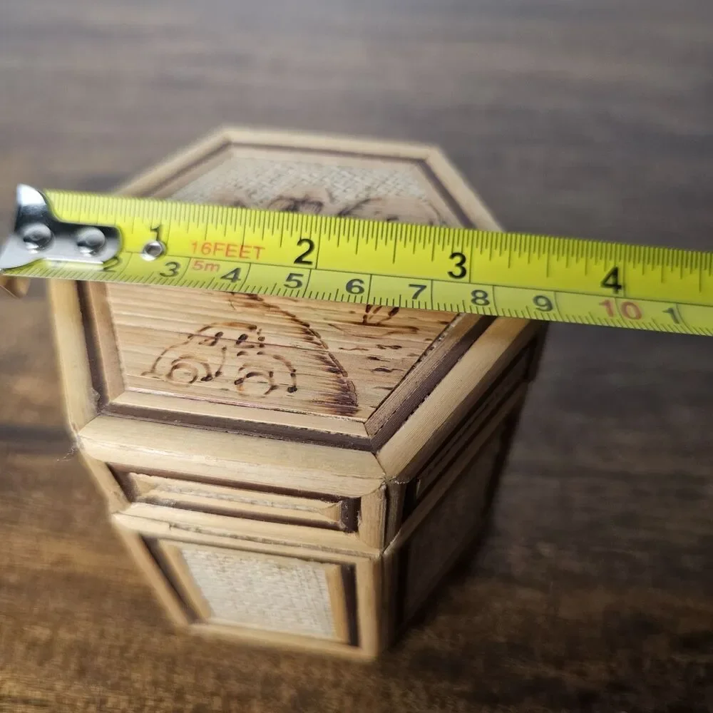 Small Vintage Woven Bamboo Hexagon Box Pyrography Red Velvet